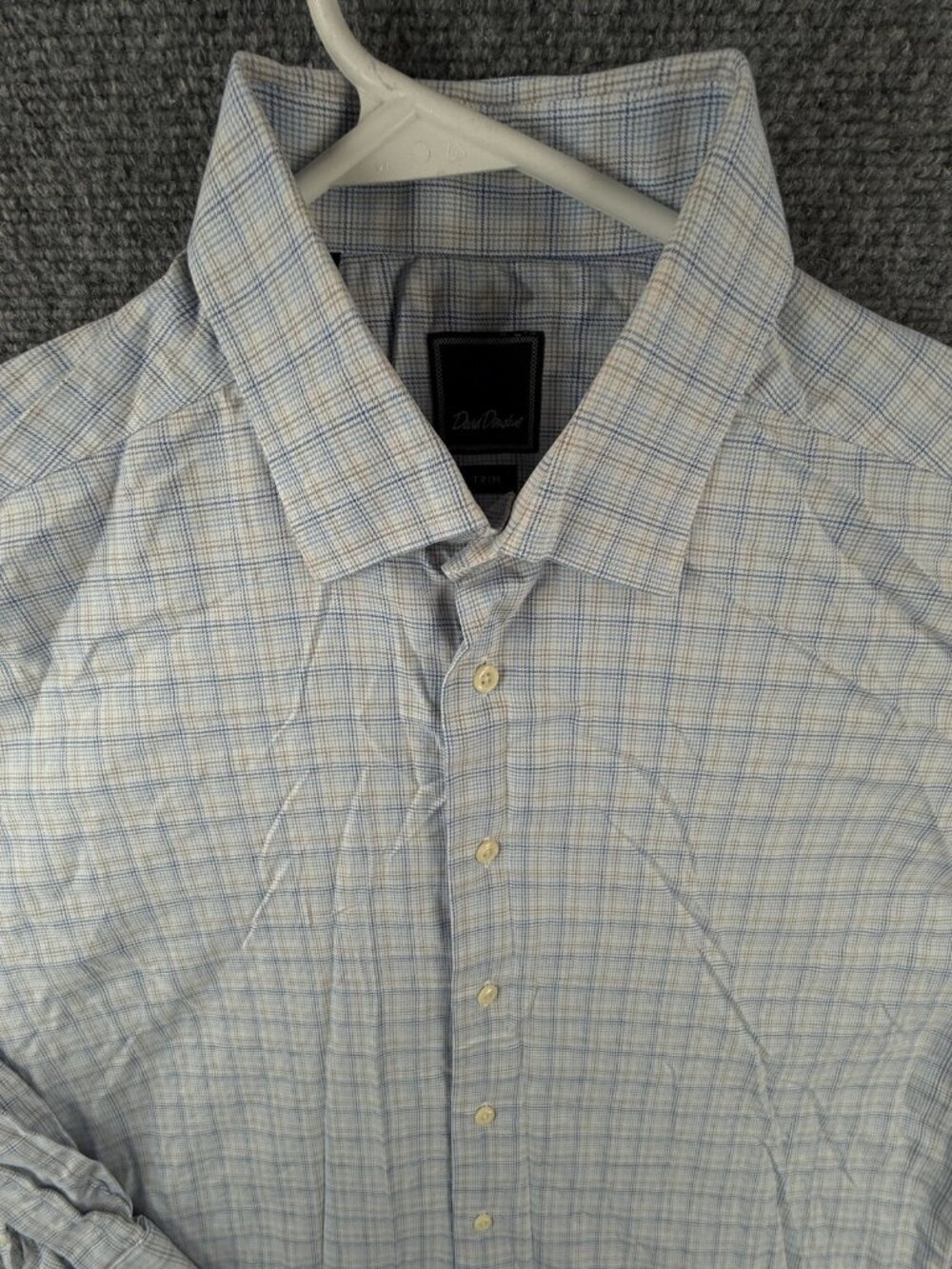 David Donahue Button Up Shirt Long Sleeve Cotton Blue Tan Plaid 17 34/35 Trim